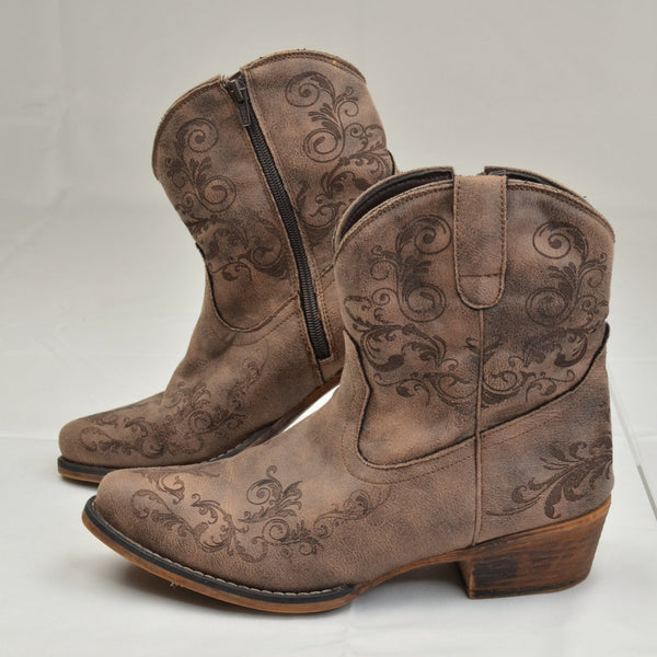Roper Women's Brown Western Snip Toe Lazer Print Fashion Cowboy Booties Size 9