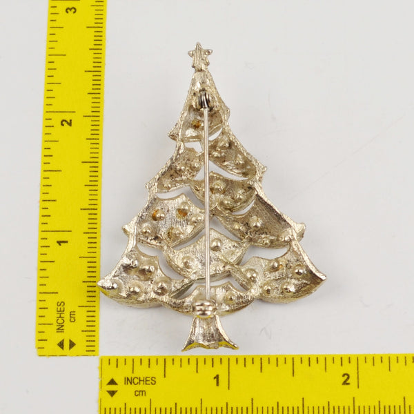 JJ Jonette Rhinestone Crystal Christmas Tree Brooch Pin Silver Tone Vintage 2.5"