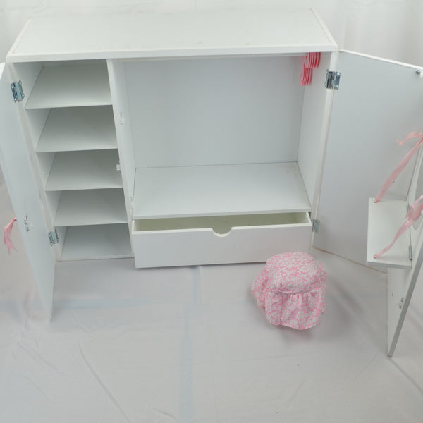 18" Doll Wardrobe Closet - American Girl, Our Generation - Wood, Mirror, Stool