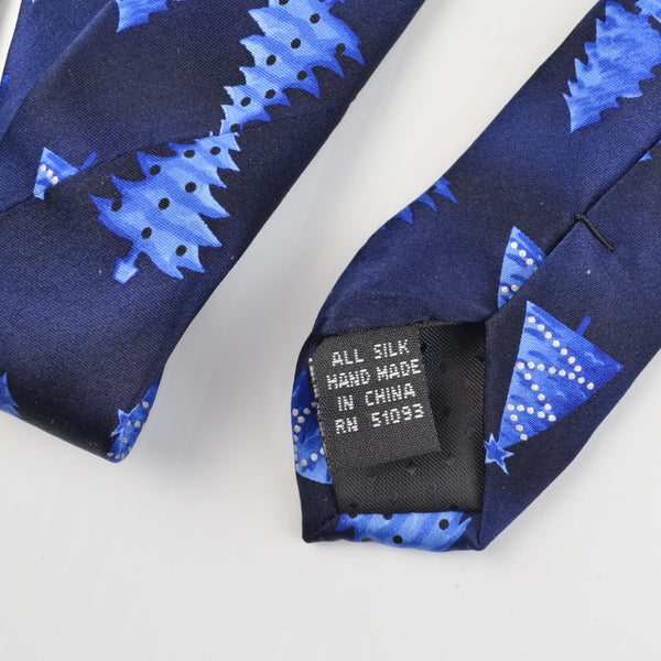 Holiday Mens Necktie Silk Christmas Tie - Blue Christmas Trees Christmas Party