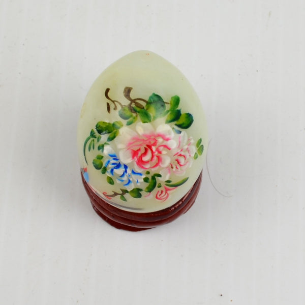Vintage Hand Painted Marble Mini Egg Polished Light Pale Green, Wood Stand 1.5"
