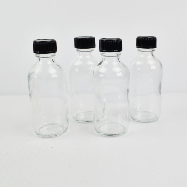 4 Pack 2 Oz Small Clear Glass Bottles with Lids and Stainless Steel Funnel - New