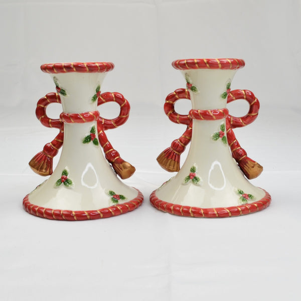 Fitz and Floyd Christmas Bow Candlesticks Candle Holders - Lot of 2