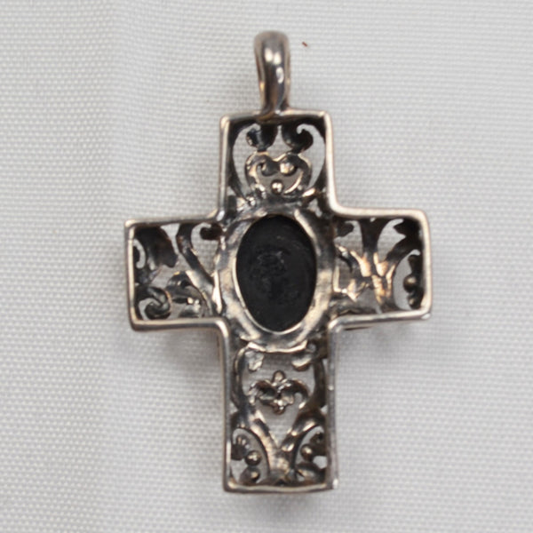 925 Sterling Silver Filagree Cross Pendant 1.75" Black Center Stone 8.9g