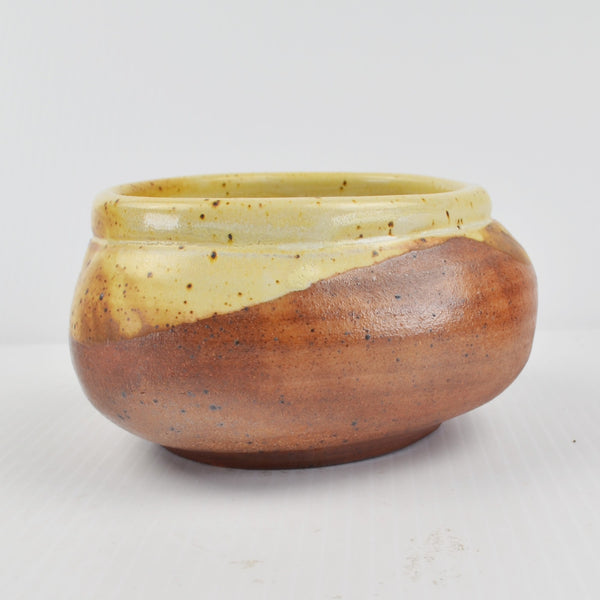 Handmade Pottery Bowl Two Tone Drip Glaze Hand Thrown Signed 6" Brown Beige