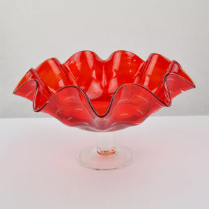 Vintage Red Controlled Bubble Glass Ruffled Pedestal Hand-Blown Fruit Bowl 11”