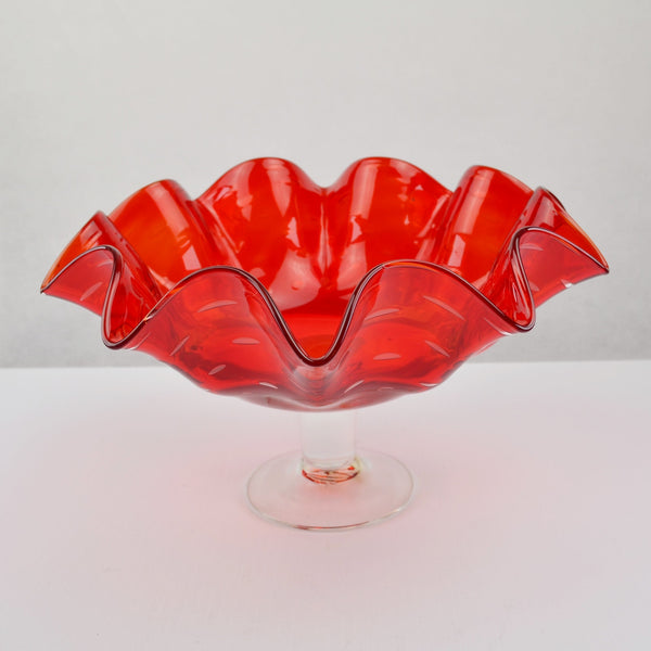 Vintage Red Controlled Bubble Glass Ruffled Pedestal Hand-Blown Fruit Bowl 11”