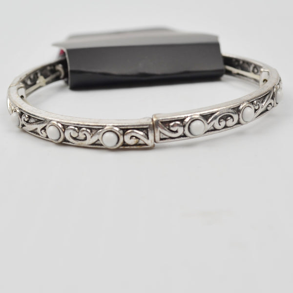 Silver Tone Bar White Bead Stretch Bracelet - Filigree Rectangle Bar Bangle
