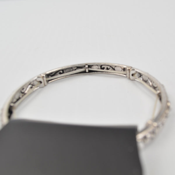 Silver Tone Bar White Bead Stretch Bracelet - Filigree Rectangle Bar Bangle