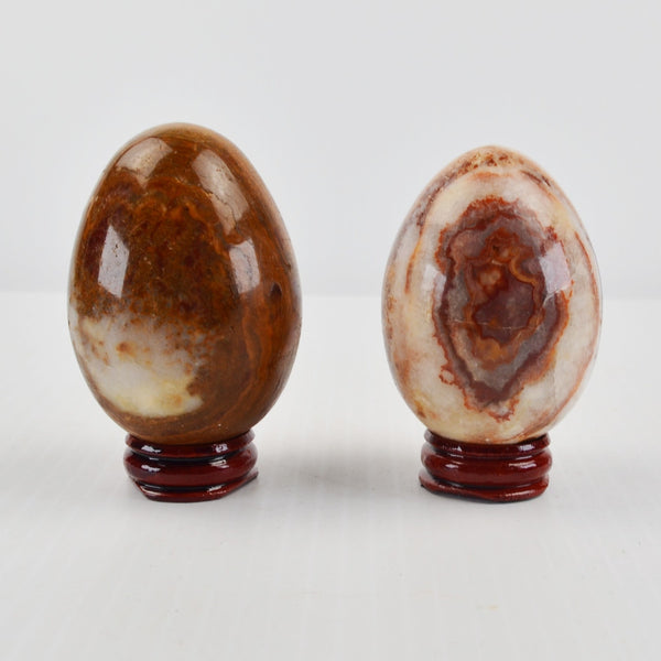Vintage Alabaster Marble Stone Eggs Polished Brown Swirls Set of 2 w/ Stands 3"