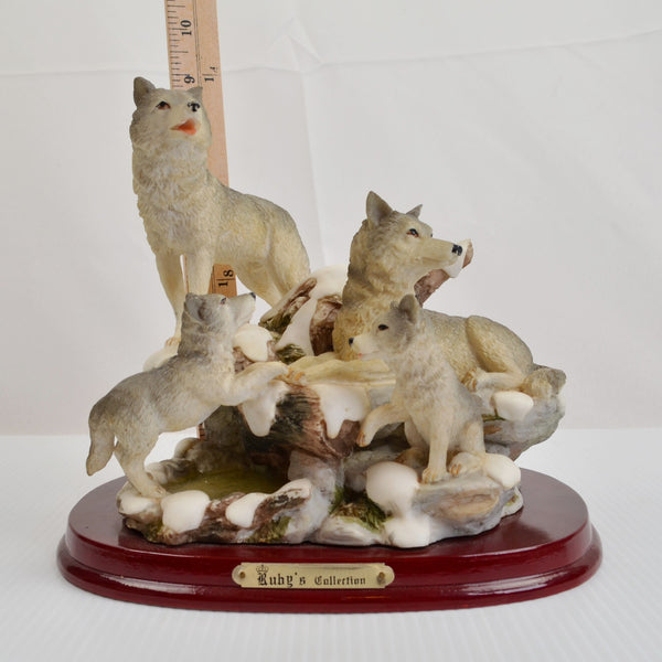 Winter Wolf Pack Family Figurine Large Woodland Scene Wolf Pups Wood Base