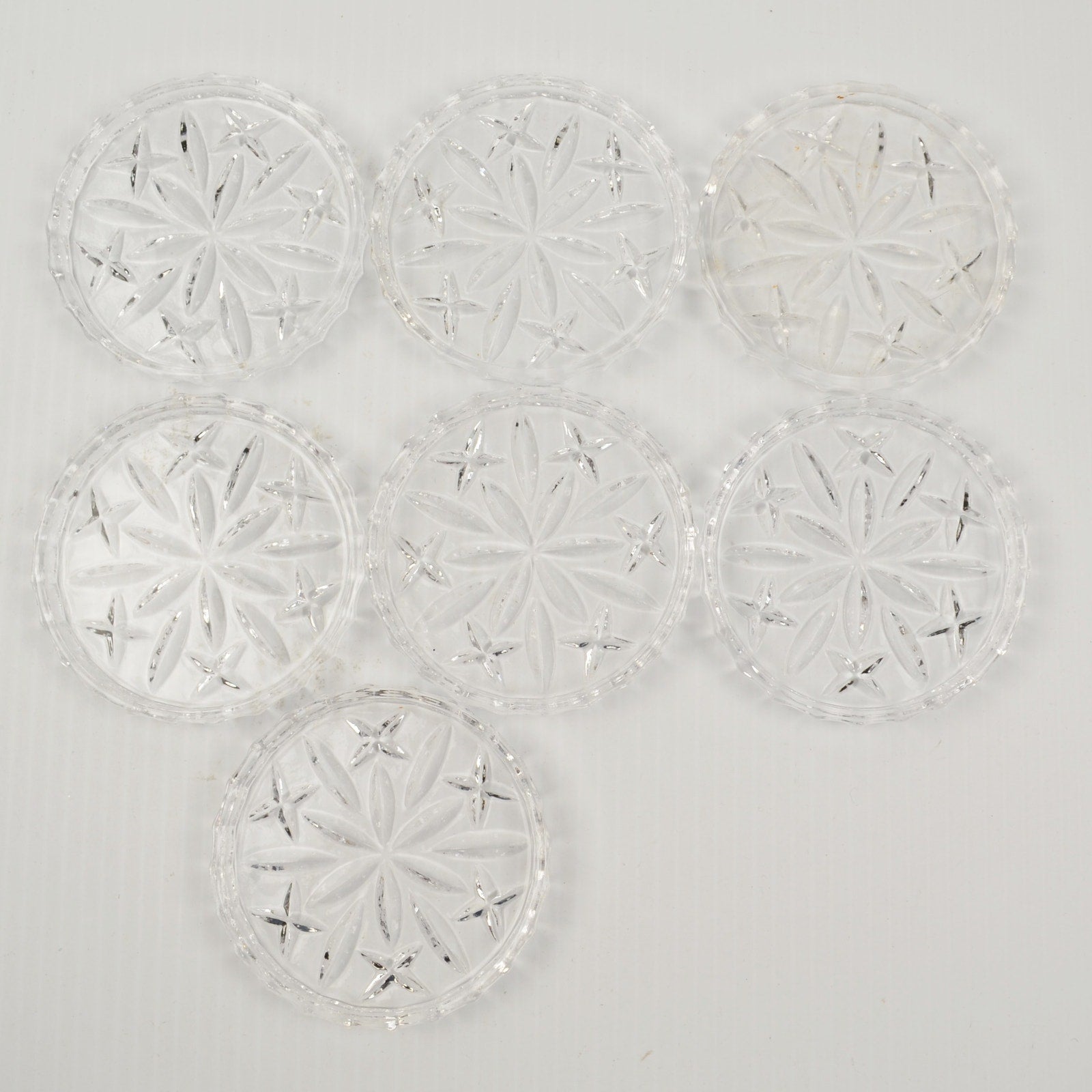 Vintage Crystal Coaster Set Of 7 Cut Glass Star Burst - Mid Century Modern