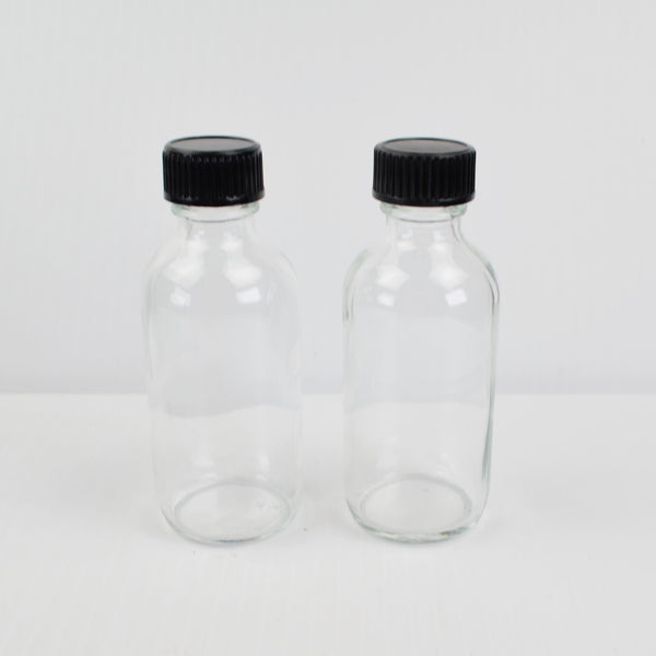 2 Pack 2 Oz Small Clear Glass Bottles with Lids and Stainless Steel Funnel - New