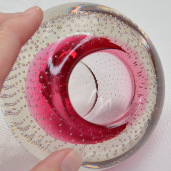 Vtg Hand Blown Pink Bubble Art Glass Crystal Votive Candle Holder Paperweight
