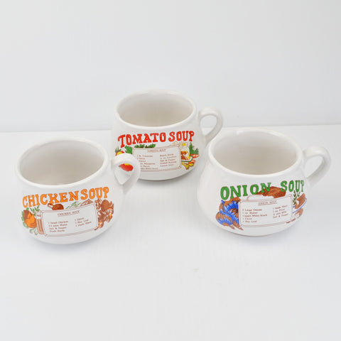 Retro Recipe Soup Mugs / Bowls Lot Of 3 Tomato, Onion, Chicken Soup With Handles