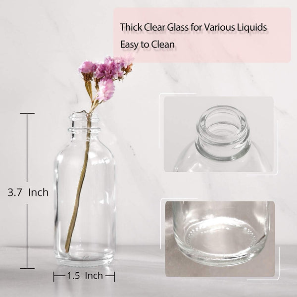 4 Pack 2 Oz Small Clear Glass Bottles with Lids and Stainless Steel Funnel - New