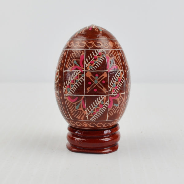 Hand Painted Wooden Egg with Stand Floral Geometric Design 2 1/2"