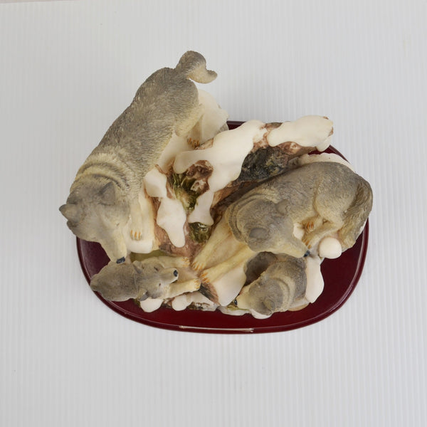 Winter Wolf Pack Family Figurine Large Woodland Scene Wolf Pups Wood Base
