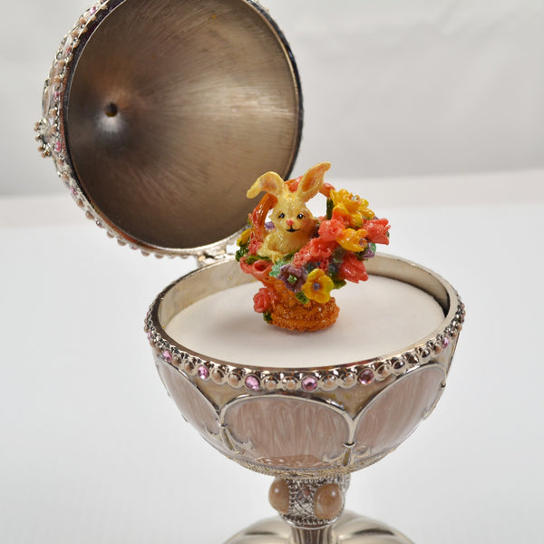 Vintage Enameled Bunny Flower Basket Jeweled Rotating Music Box Egg 6 3/4"