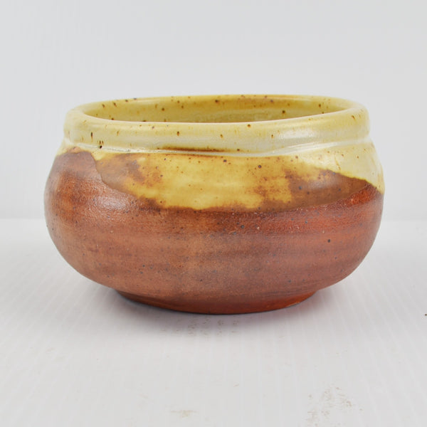 Handmade Pottery Bowl Two Tone Drip Glaze Hand Thrown Signed 6" Brown Beige