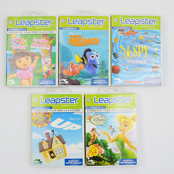 5 Lot Leap Frog Leapster Game Cartridges - Dora, Nemo, Up, Disney Fairies, I Spy
