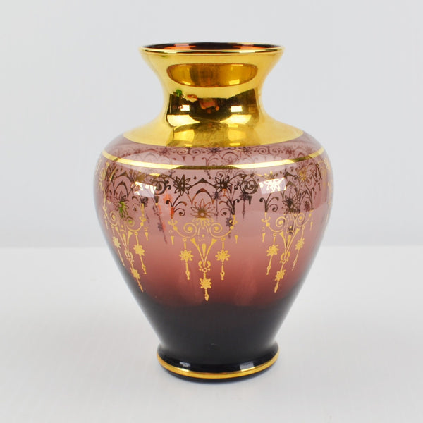 Vintage Vecchia Murano Art Amethyst Glass Vase - 24K Gold Leaf Trim 5” - Purple