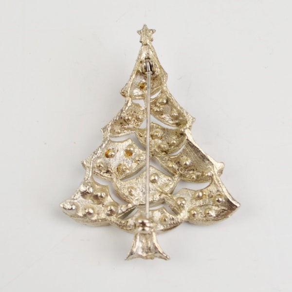 JJ Jonette Rhinestone Crystal Christmas Tree Brooch Pin Silver Tone Vintage 2.5"