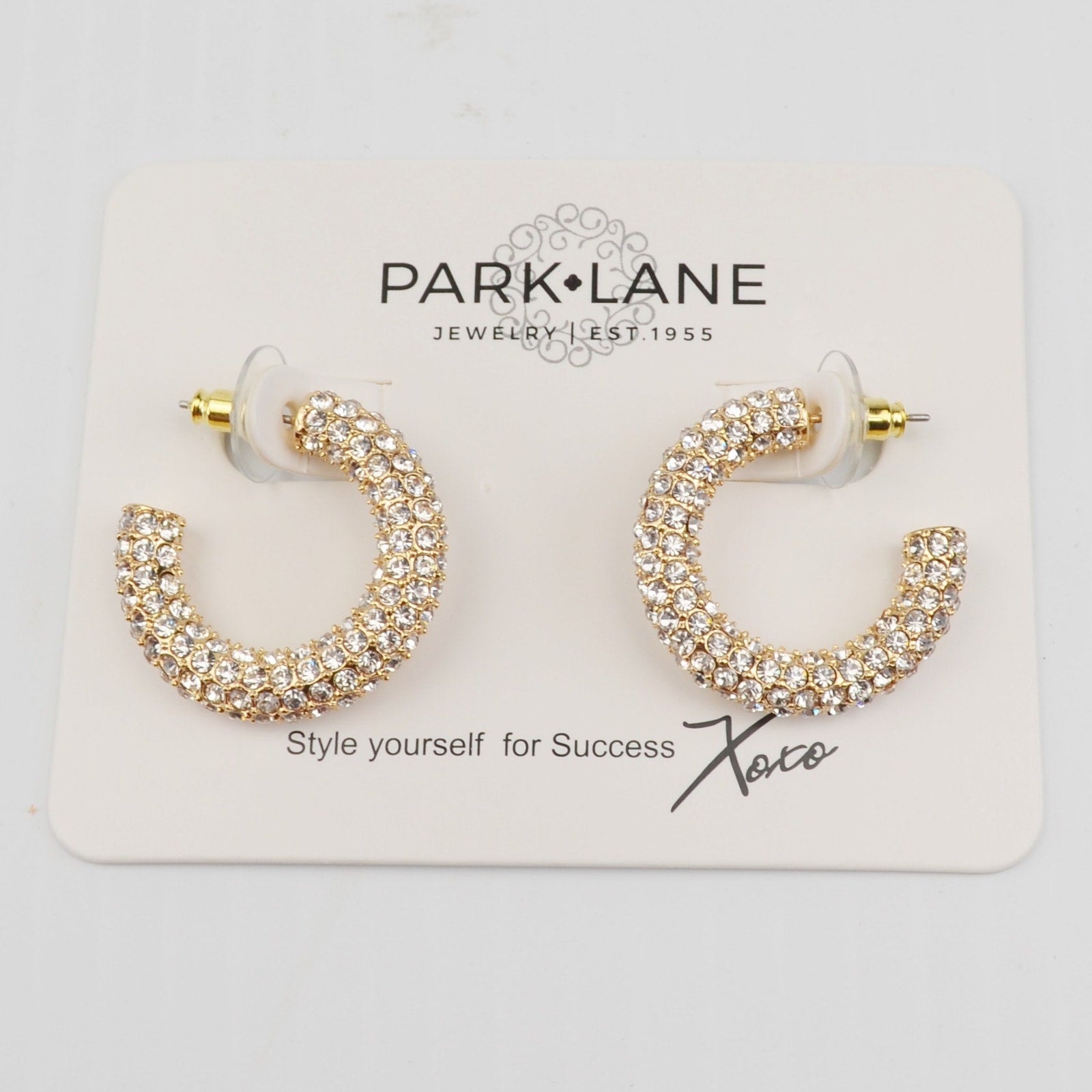 Park Lane Crystal Rhinestone Paved Hoop Earrings - Gold Tone  - NEW