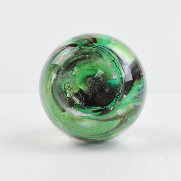 Vintage Glassworks Ireland Glass Paperweight Green Black Swirls - Handmade