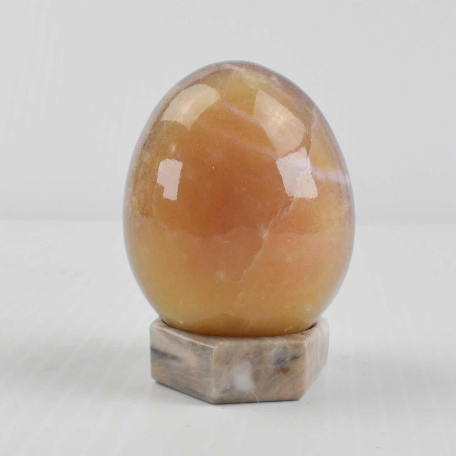 Vintage Alabaster Marble Stone Egg Polished Beige, Dark Rings, Stone Stand 2.5"