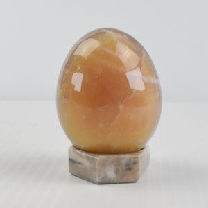 Vintage Alabaster Marble Stone Egg Polished Beige, Dark Rings, Stone Stand 2.5"