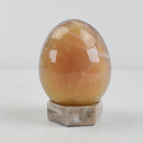 Vintage Alabaster Marble Stone Egg Polished Beige, Dark Rings, Stone Stand 2.5"