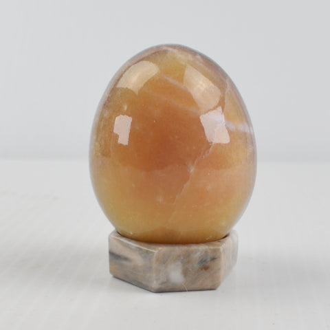 Vintage Alabaster Marble Stone Egg Polished Beige, Dark Rings, Stone Stand 2.5"