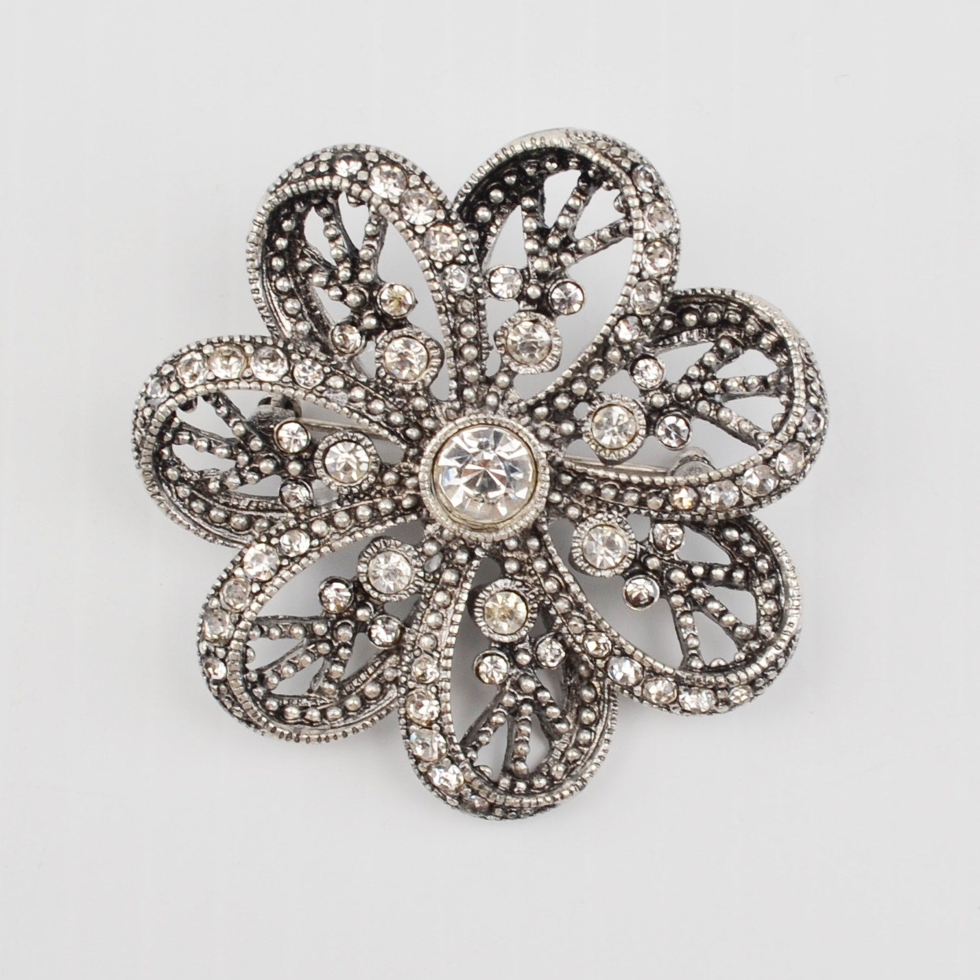 Crystal Filigree Silver Tone Brooch Premier Designs Rhinestone Floral Pin - 2"