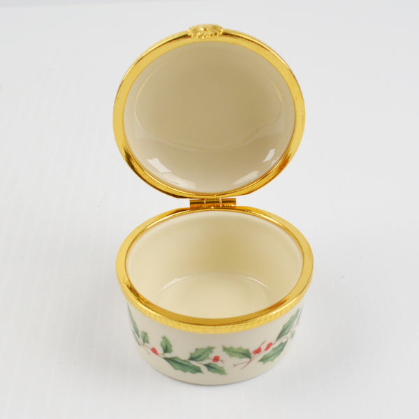 Lenox Porcelain Christmas Hinged Holly Berry Gold Trim Trinket Box 2" Diameter