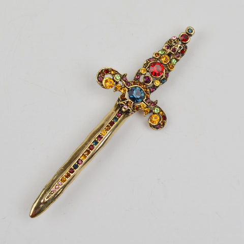 Mary McFadden Sword Brooch - Multi-colored Rhinestones - 4" Dagger Pin Gold Tone