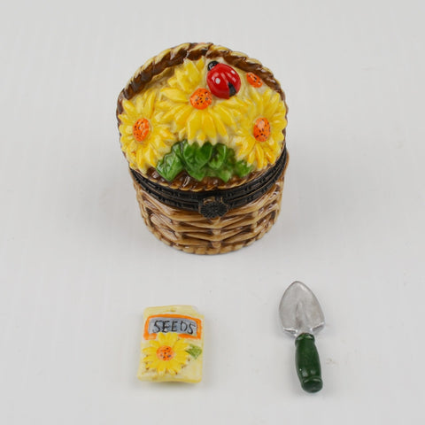 National Home Gardening Club Porcelain Trinket Box Sunflower Basket Seed Trowel