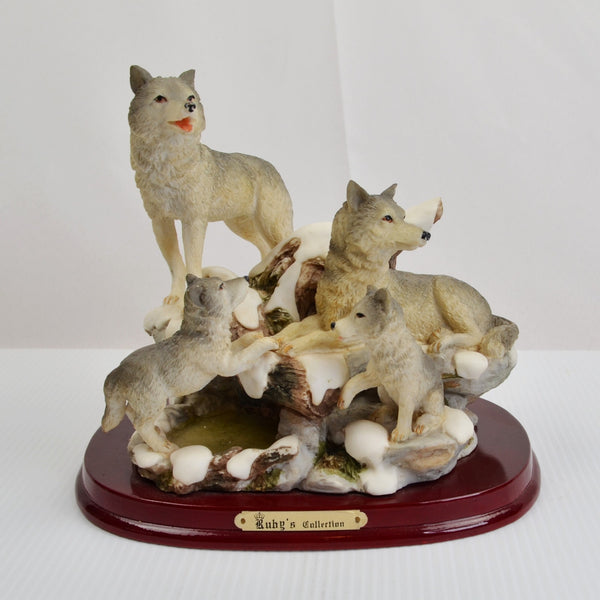 Winter Wolf Pack Family Figurine Large Woodland Scene Wolf Pups Wood Base