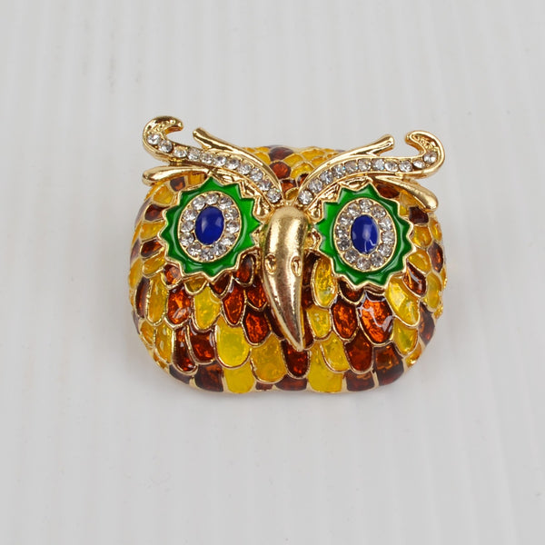 Owl Face Brooch - Large Enamel Crystal Rhinestone Pin - Gold Tone