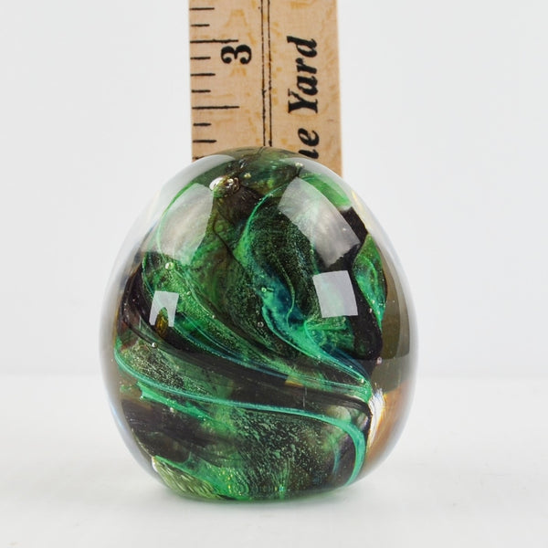 Vintage Glassworks Ireland Glass Paperweight Green Black Swirls - Handmade