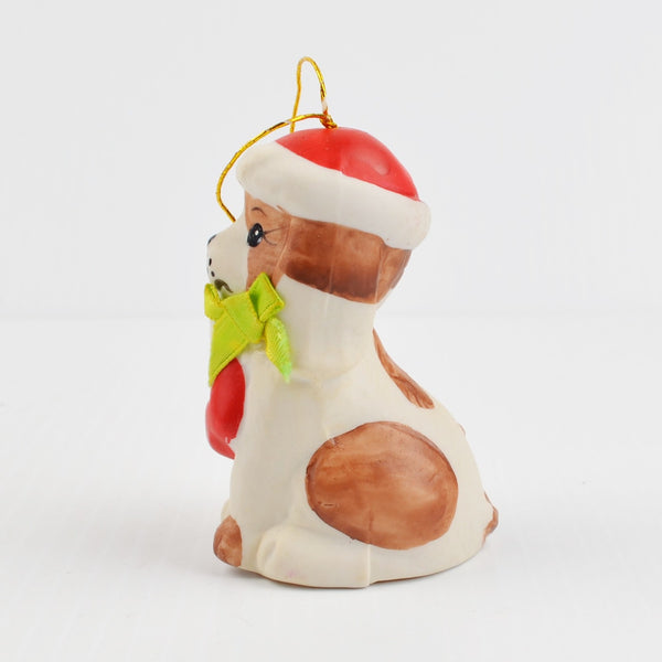 Vintage Holly Bells Ceramic Puppy Dog Bell Christmas Ornament - Giftco 1986