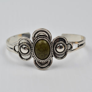 Western Silver Tone Cuff Bracelet - Olive Green Stone - Southwestern Cowgirl