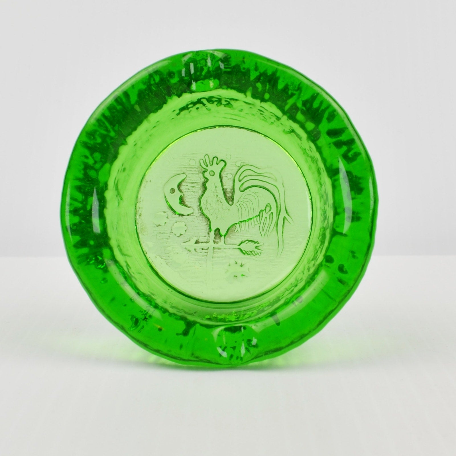 Green Blenko Glass Rooster Weathervane Ashtray - Moon, Stars Vintage 1960s 3.5"
