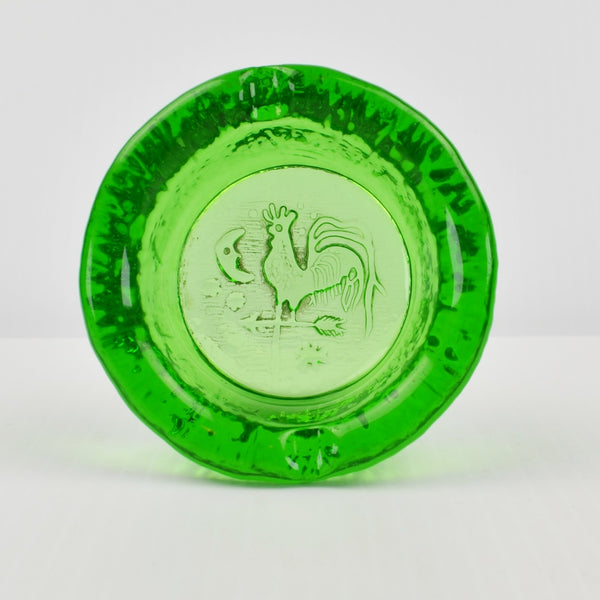 Green Blenko Glass Rooster Weathervane Ashtray - Moon, Stars Vintage 1960s 3.5"