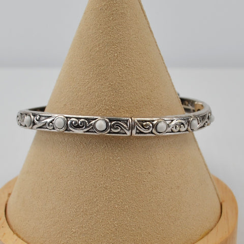Silver Tone Bar White Bead Stretch Bracelet - Filigree Rectangle Bar Bangle