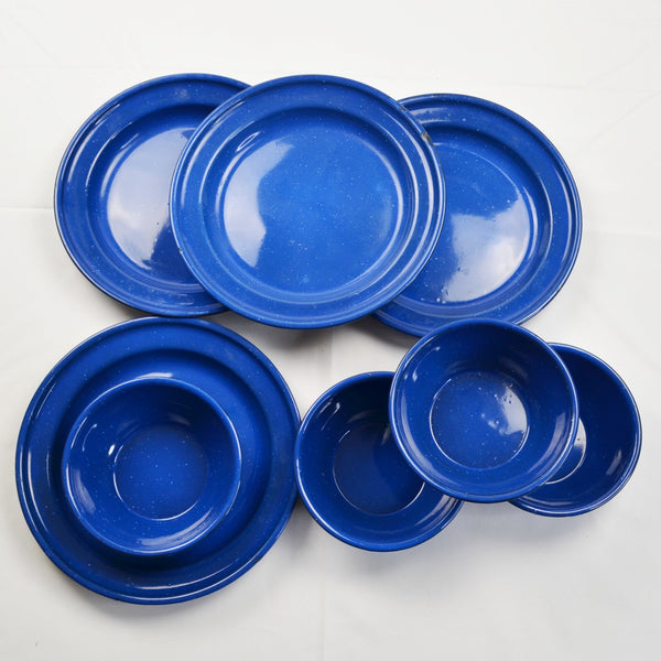 Blue Speckled Enamelware Camping Dishes Set of 4 Plates & 4 Bowls - 8 Pieces