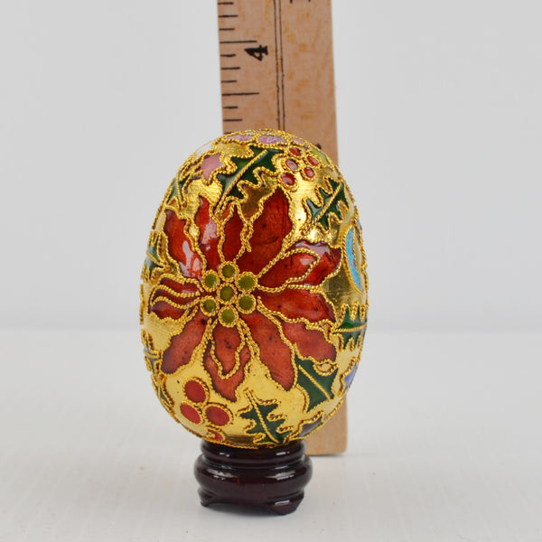 Cloisonne Enameled Metal Egg with Stand Christmas Holiday Poinsettia 2 3/4"