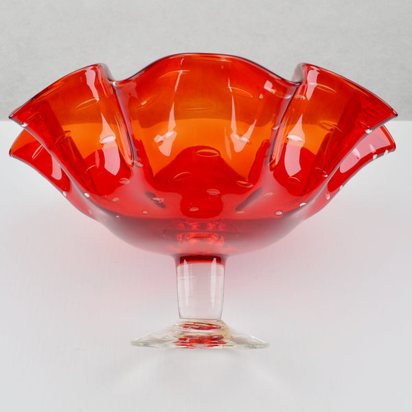 Vintage Red Controlled Bubble Glass Ruffled Pedestal Hand-Blown Fruit Bowl 11”