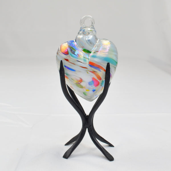 Blown Art Glass Heart Multi-Colored Ornament with Metal Stand Murano Style 4"