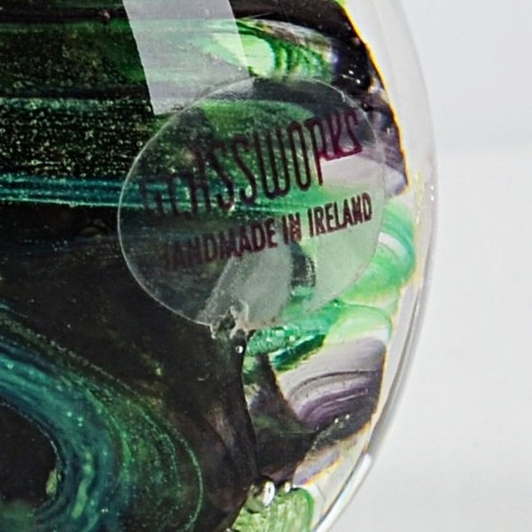 Vintage Glassworks Ireland Glass Paperweight Green Black Swirls - Handmade